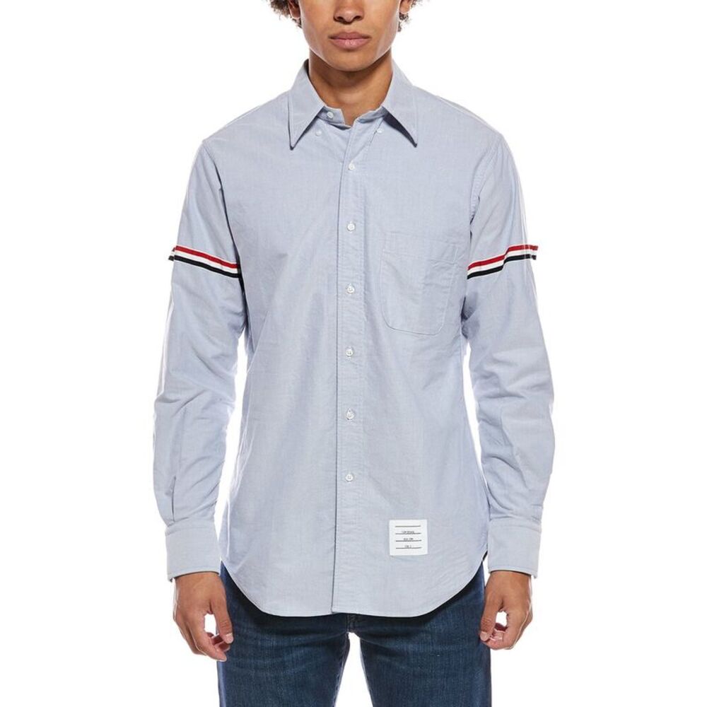 Thom Browne Mens Logo Button Shirt, Blue